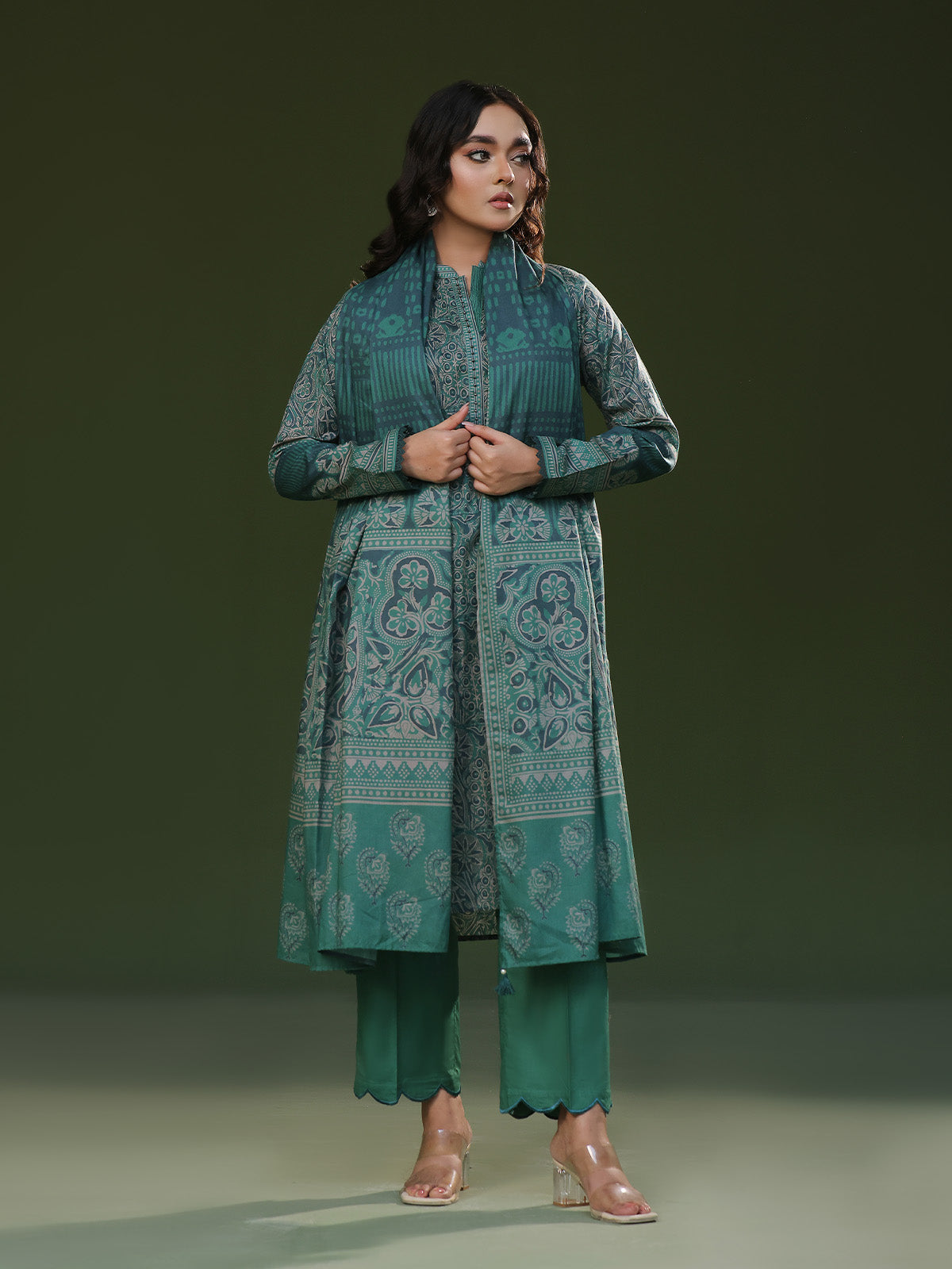 3Pc Printed Pret Suit Cambric Green - OW3P-2411016