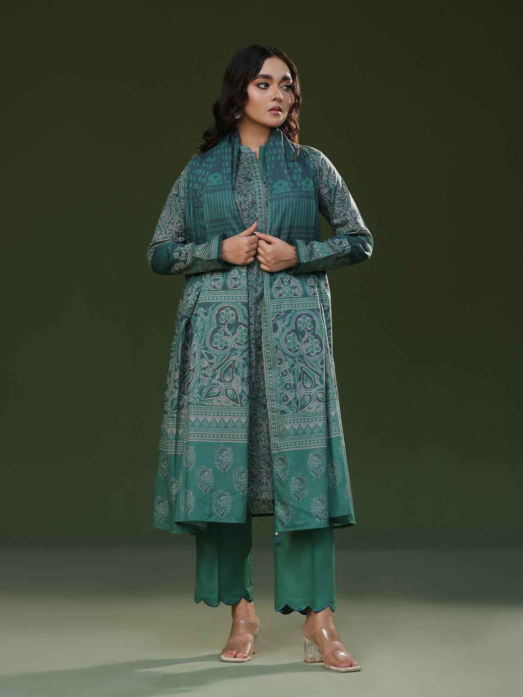 3Pc Printed Pret Suit Cambric Green - OW3P-2411016