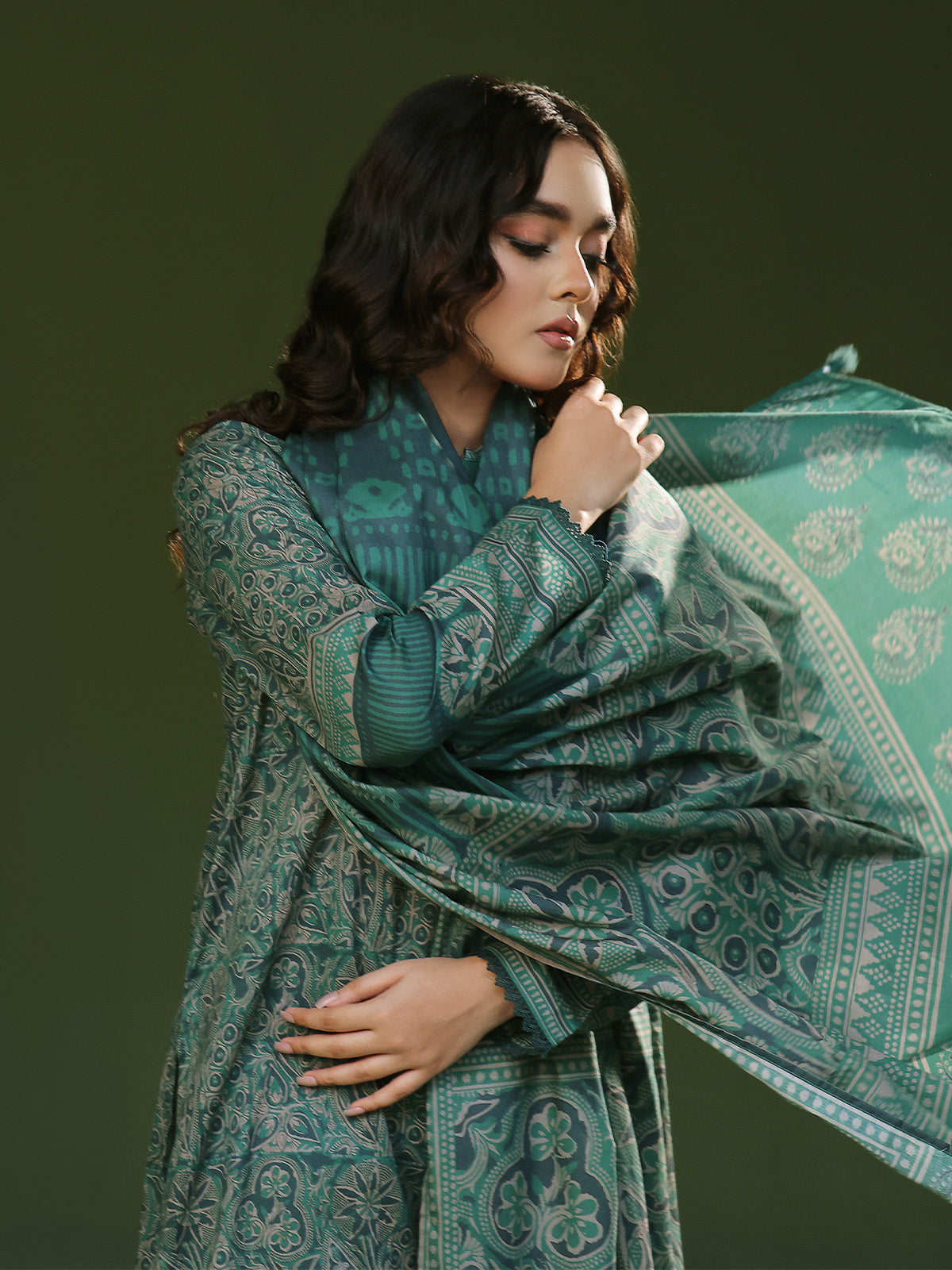 3Pc Printed Unstitched Cambric Green - OC3P-6267-B