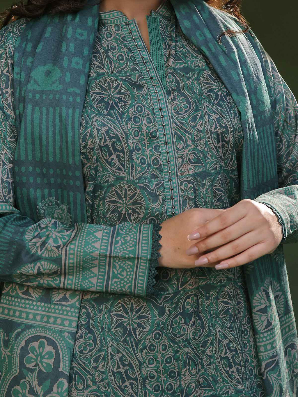 3Pc Printed Pret Suit Cambric Green - OW3P-2411016