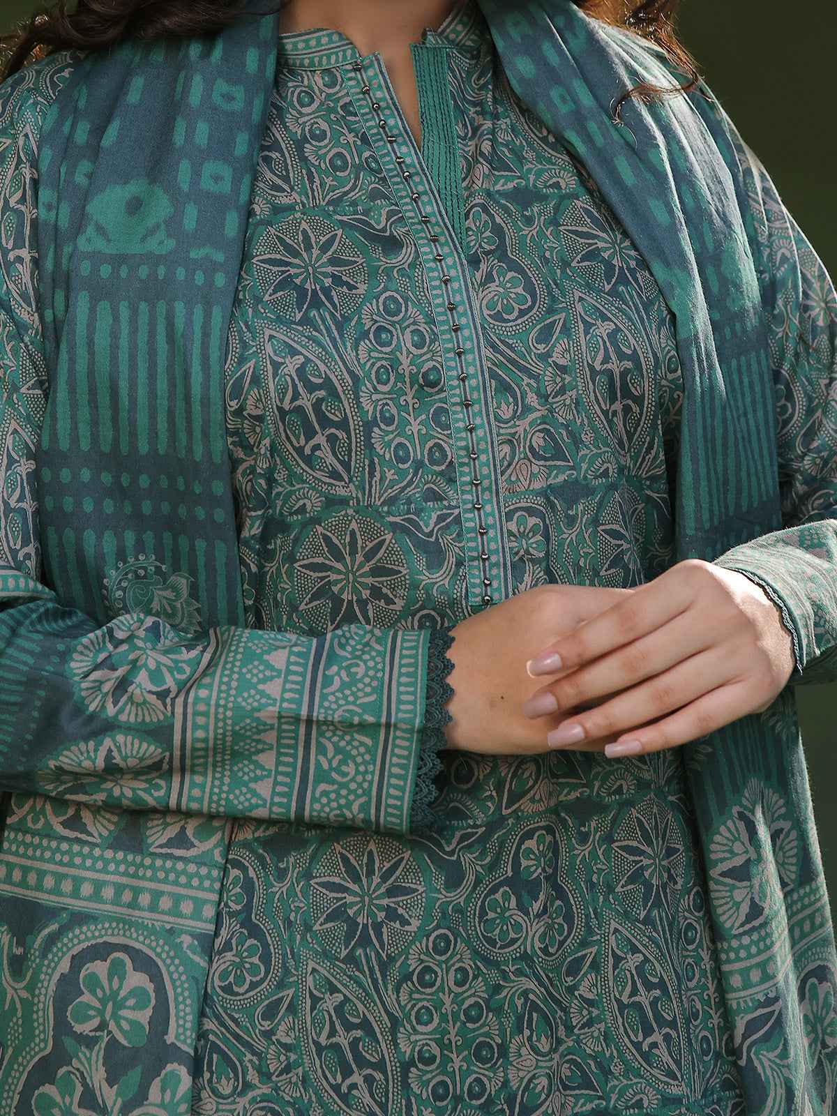 3Pc Printed Pret Suit Cambric Green - OW3P-2411016