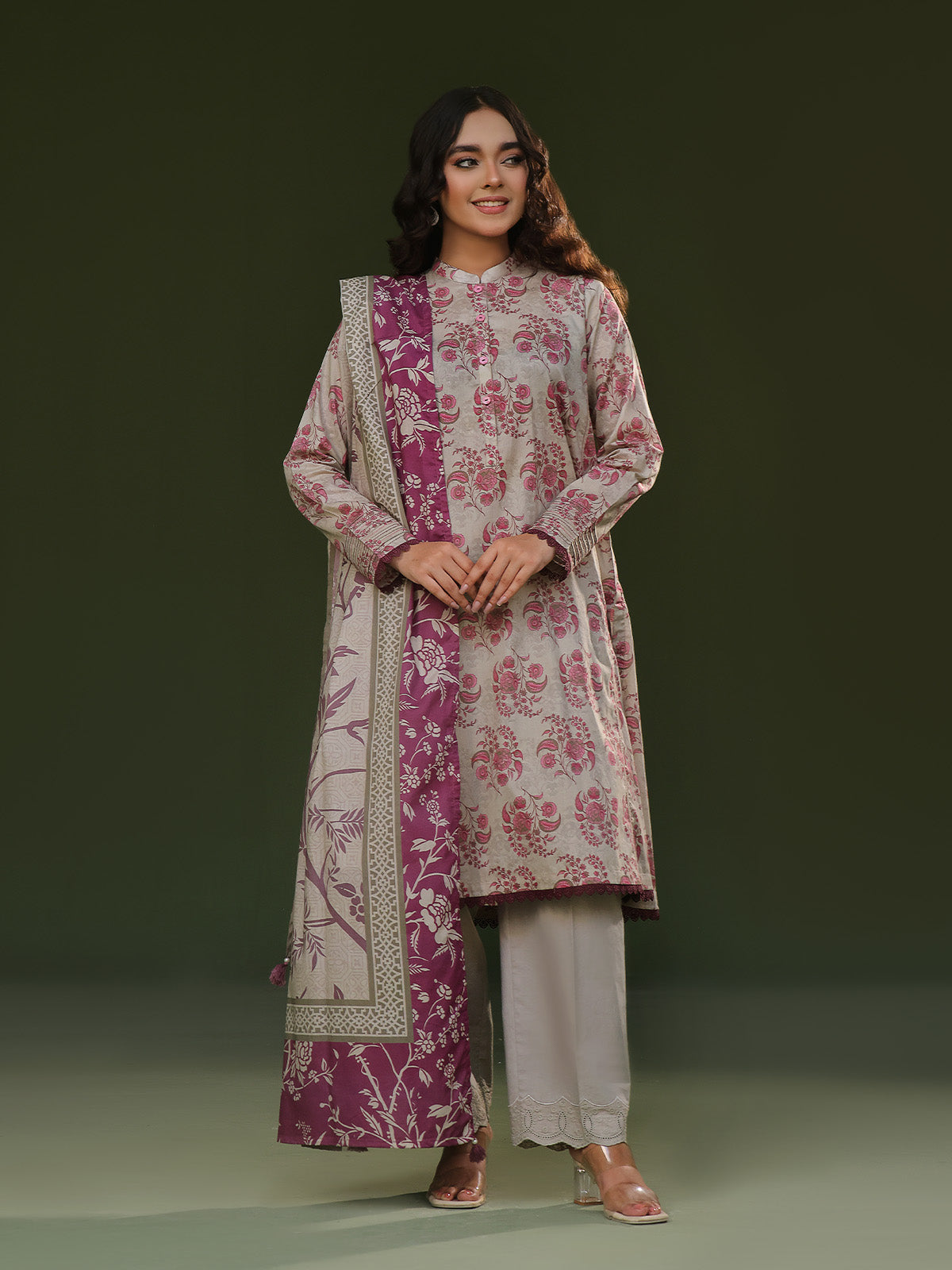 3Pc Printed Pret Suit Cambric Beige - OW3P-2411019