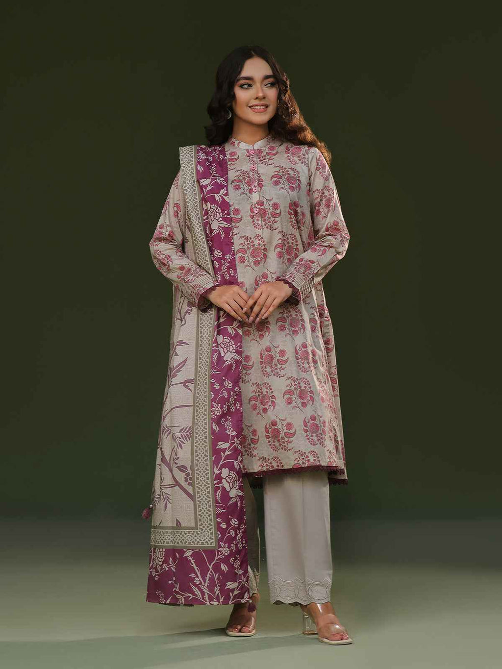 3Pc Printed Pret Suit Cambric Beige - OW3P-2411019