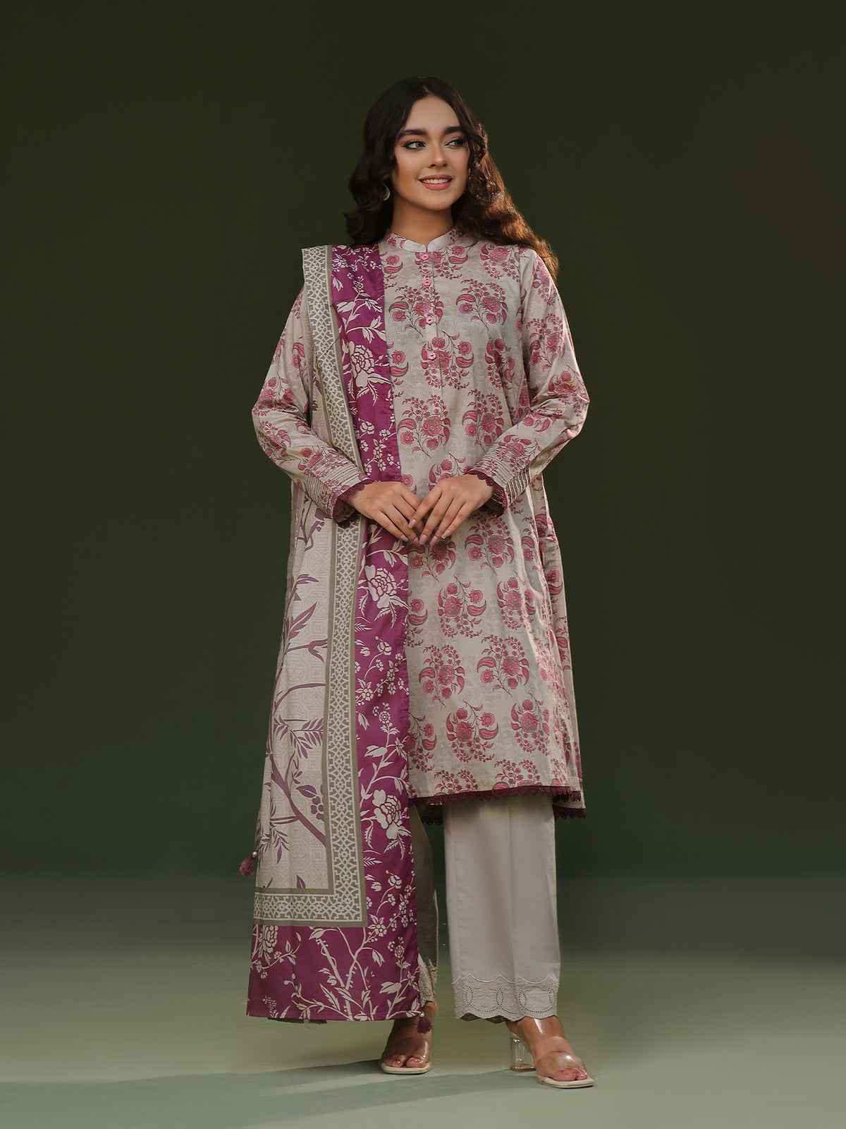 3Pc Printed Pret Suit Cambric Beige - OW3P-2411019