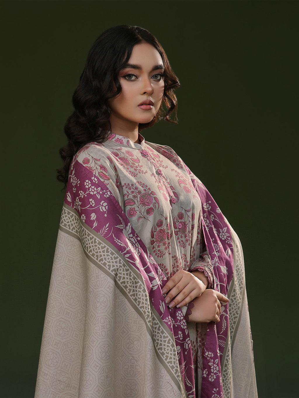 3Pc Printed Pret Suit Cambric Beige - OW3P-2411019