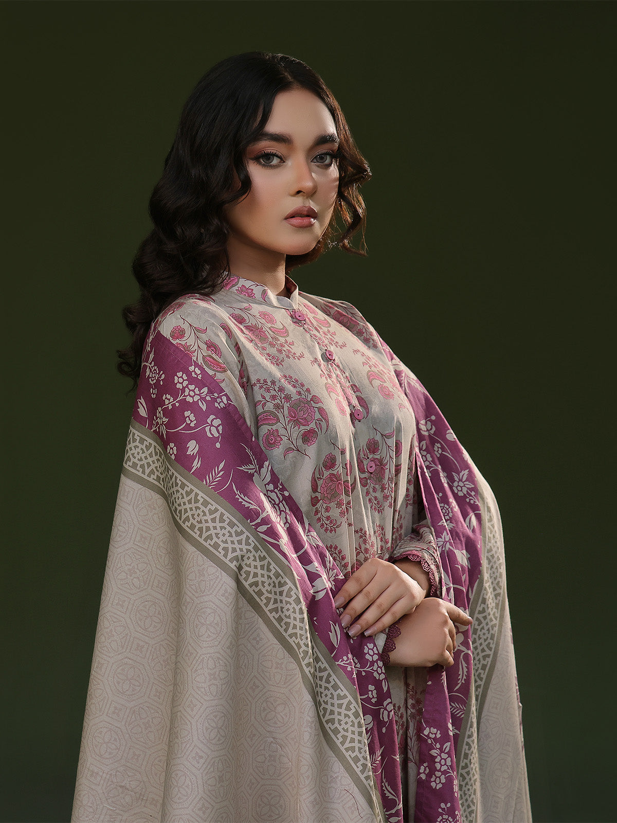 3Pc Printed Pret Suit Cambric Beige - OW3P-2411019