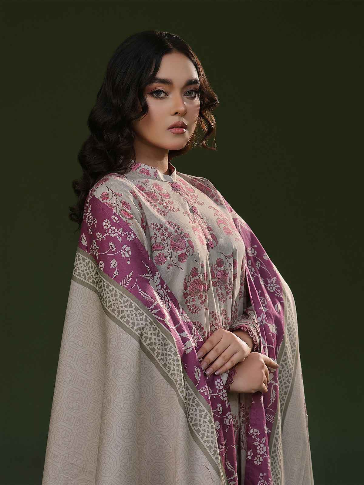 3Pc Printed Pret Suit Cambric Beige - OW3P-2411019