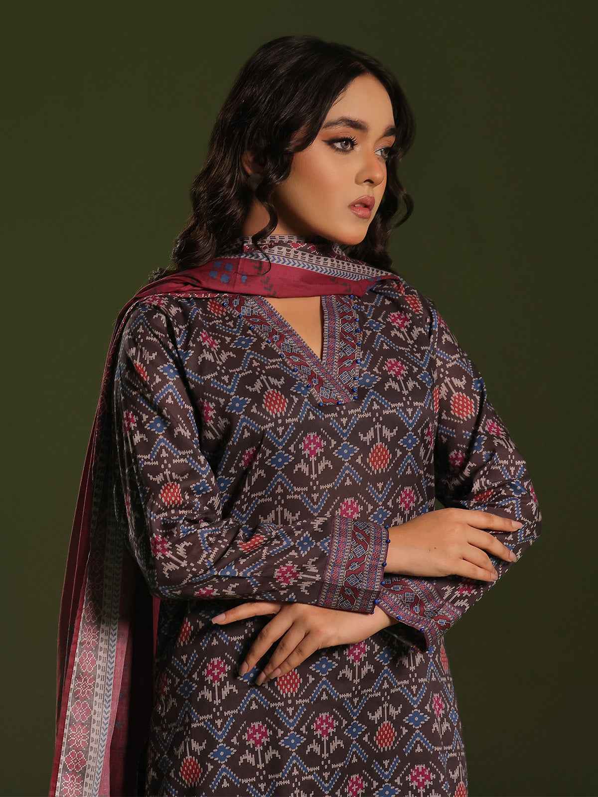 3Pc Printed Pret Suit Cambric Charcoal - OW3P-2411017