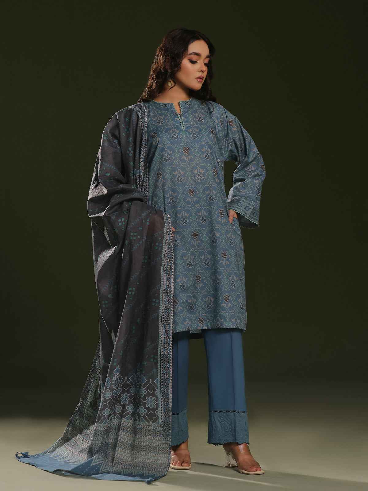 3Pc Printed Pret Suit Cambric Blue - OW3P-2411018