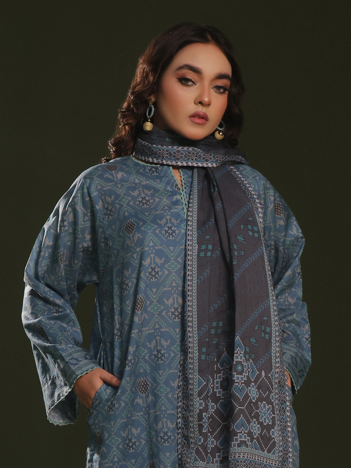 3Pc Printed Pret Suit Cambric Blue - OW3P-2411018