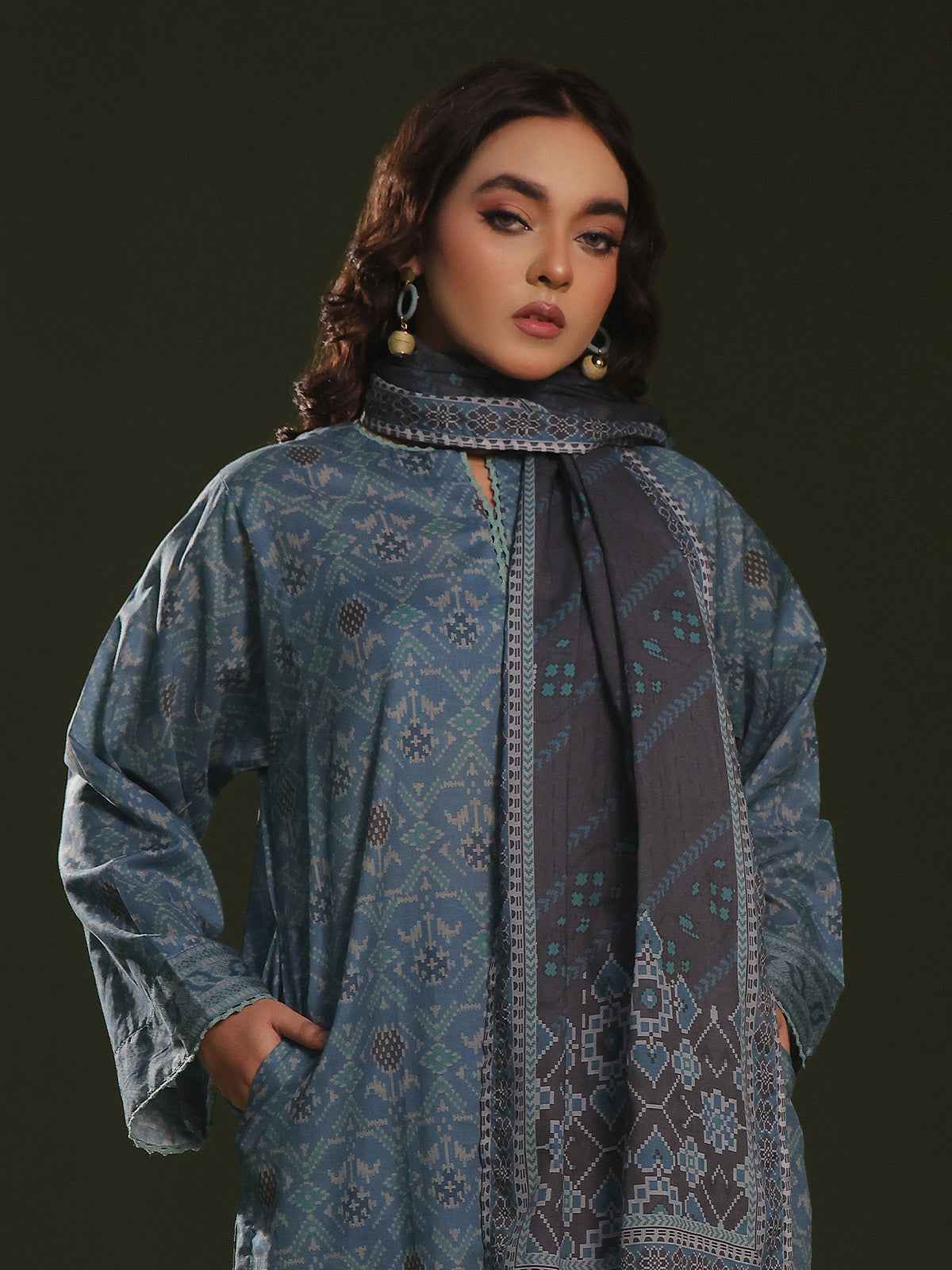 3Pc Printed Pret Suit Cambric Blue - OW3P-2411018