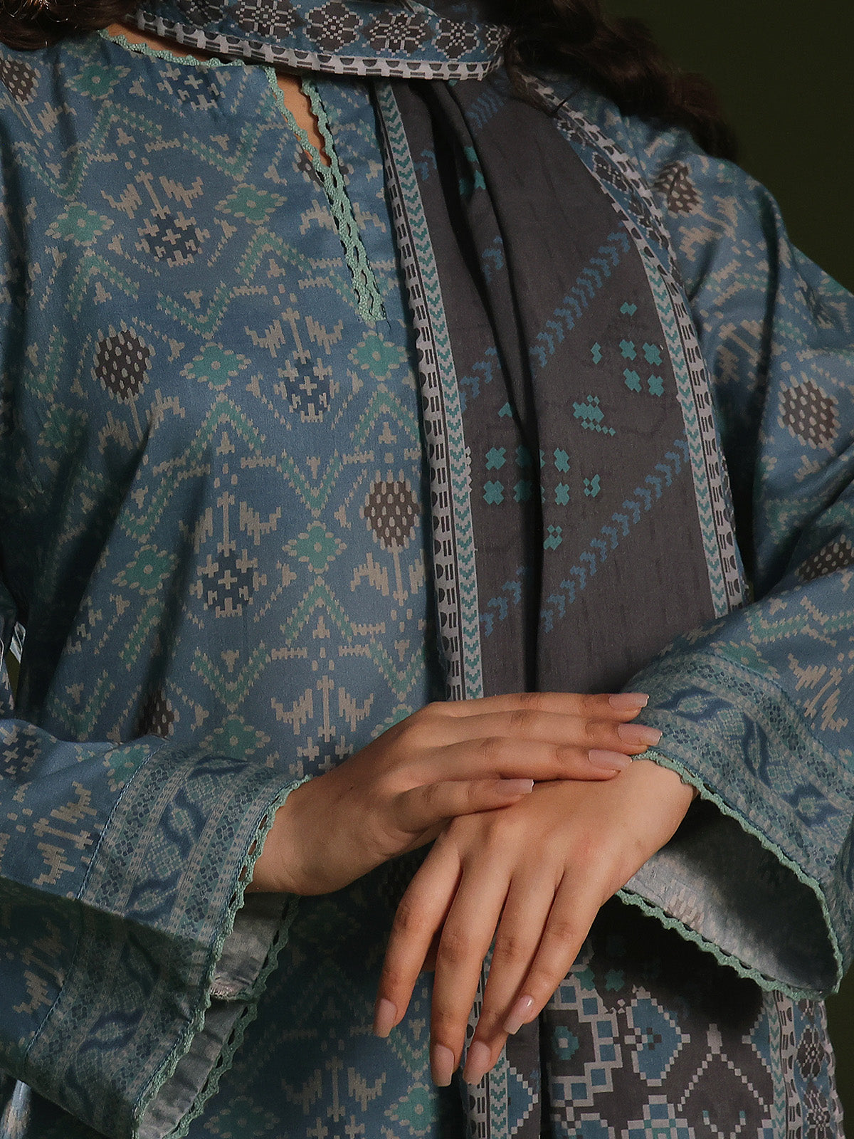 3Pc Printed Unstitched Cambric Blue - OC3P-6273-B