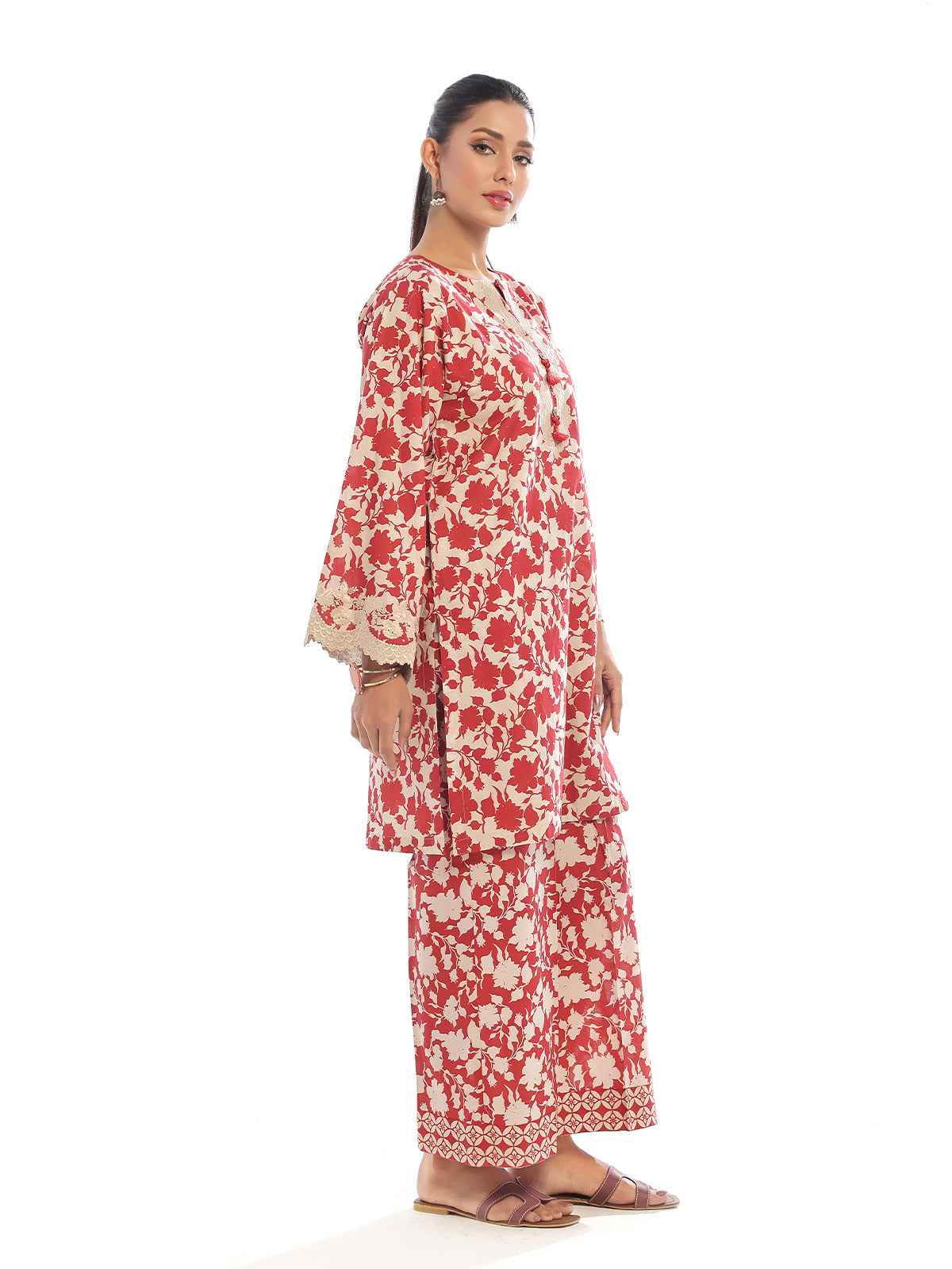 2Pc Embroidered Pret & Unstitched Shirt Trouser Lawn Red