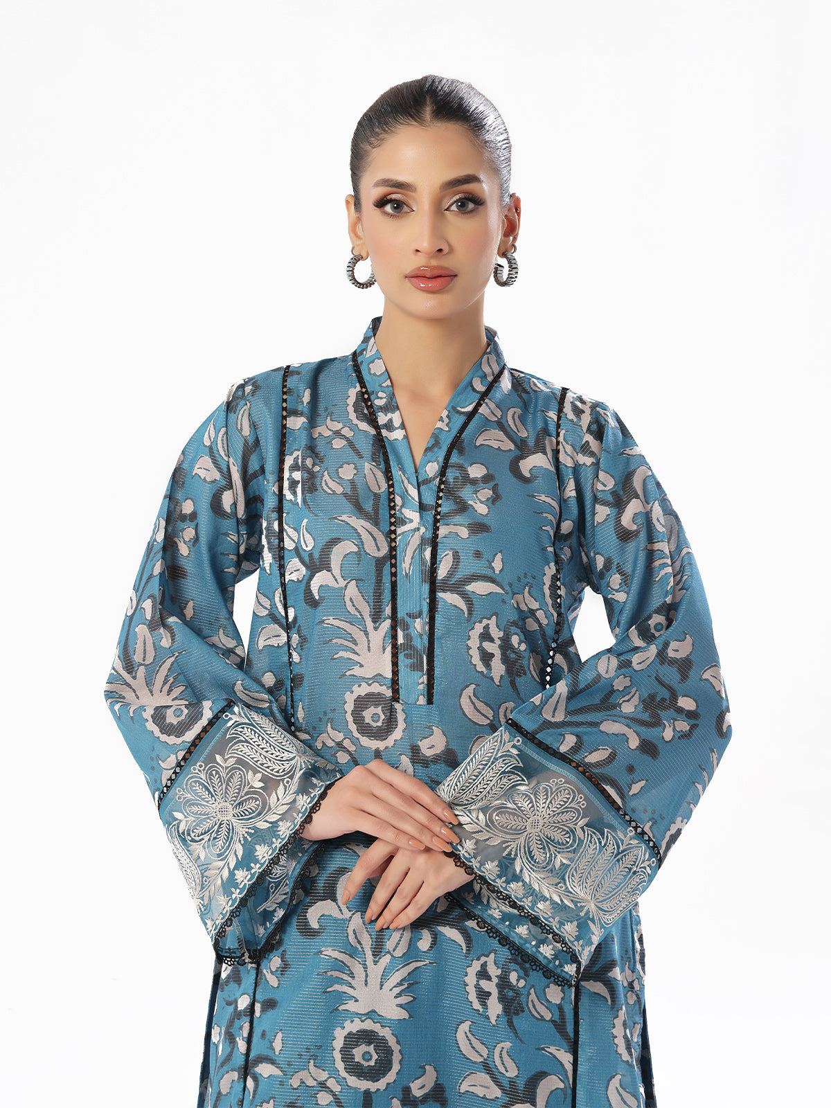 2Pc Embroidered Pret Shirt Trouser Maisoori Lawn Blue - OWE2P-2412042