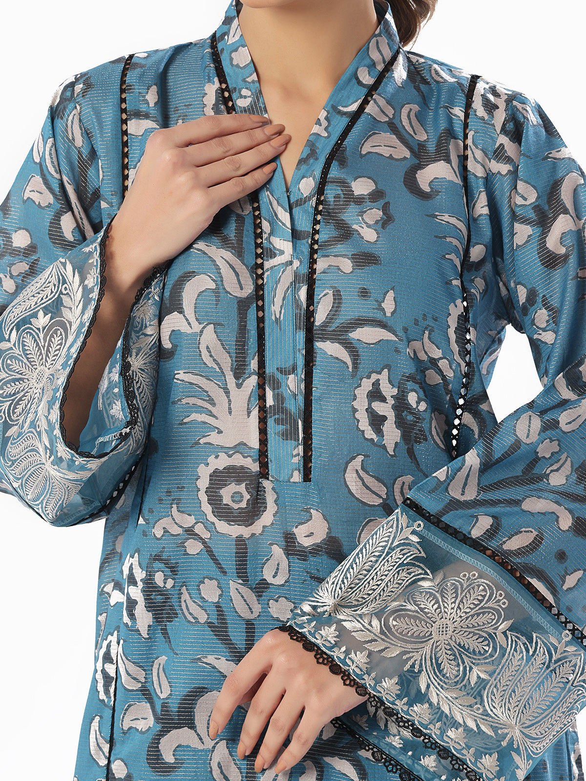 2Pc Embroidered Pret Shirt Trouser Maisoori Lawn Blue - OWE2P-2412042