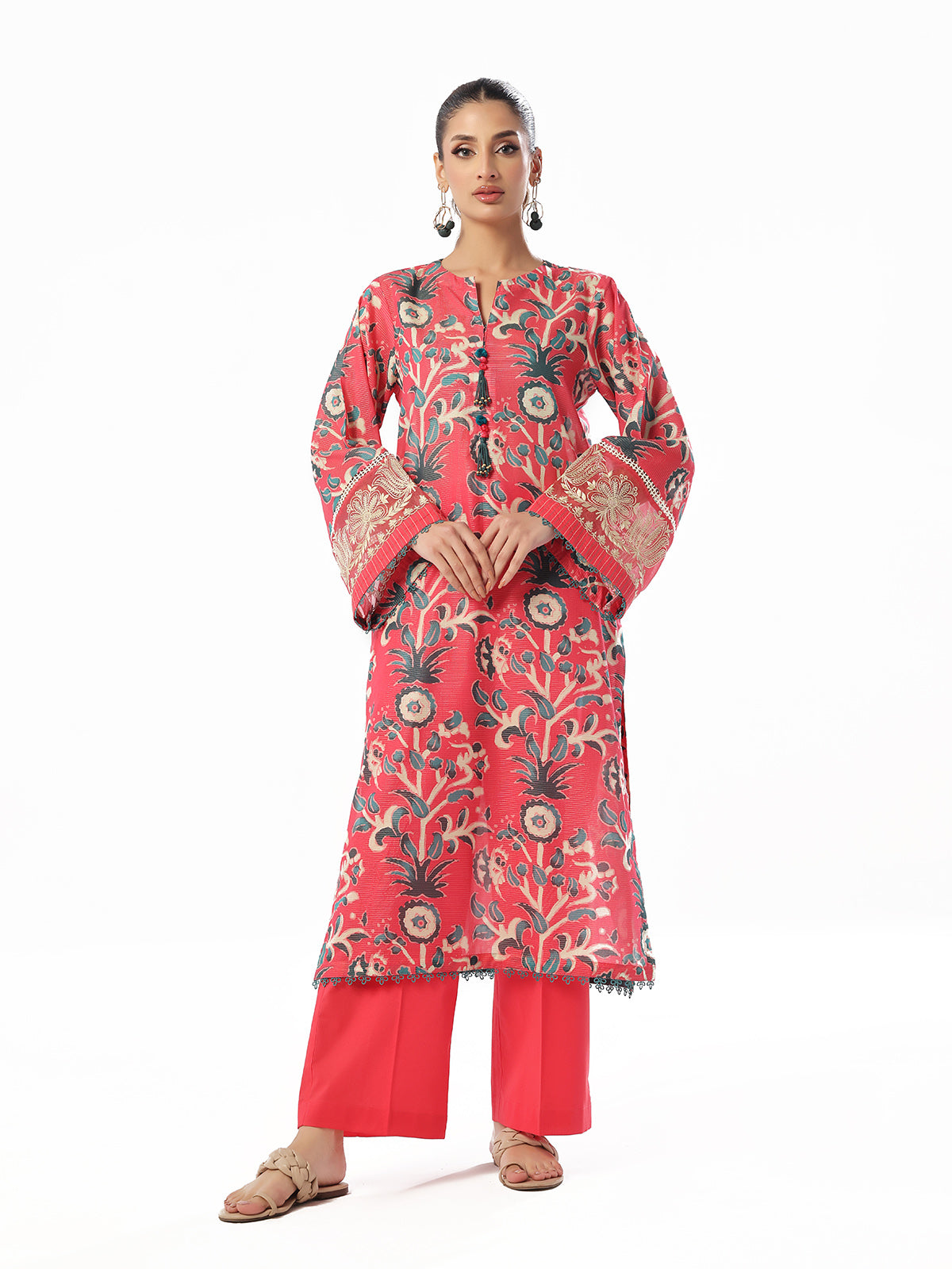 2Pc Embroidered Pret Shirt Trouser Maisoori Lawn Pink & Red - OWE2P-2412043