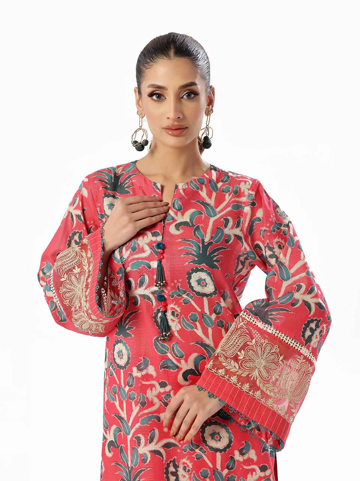 2Pc Embroidered Pret & Unstitched Shirt Trouser Maisoori Lawn Pink & Red