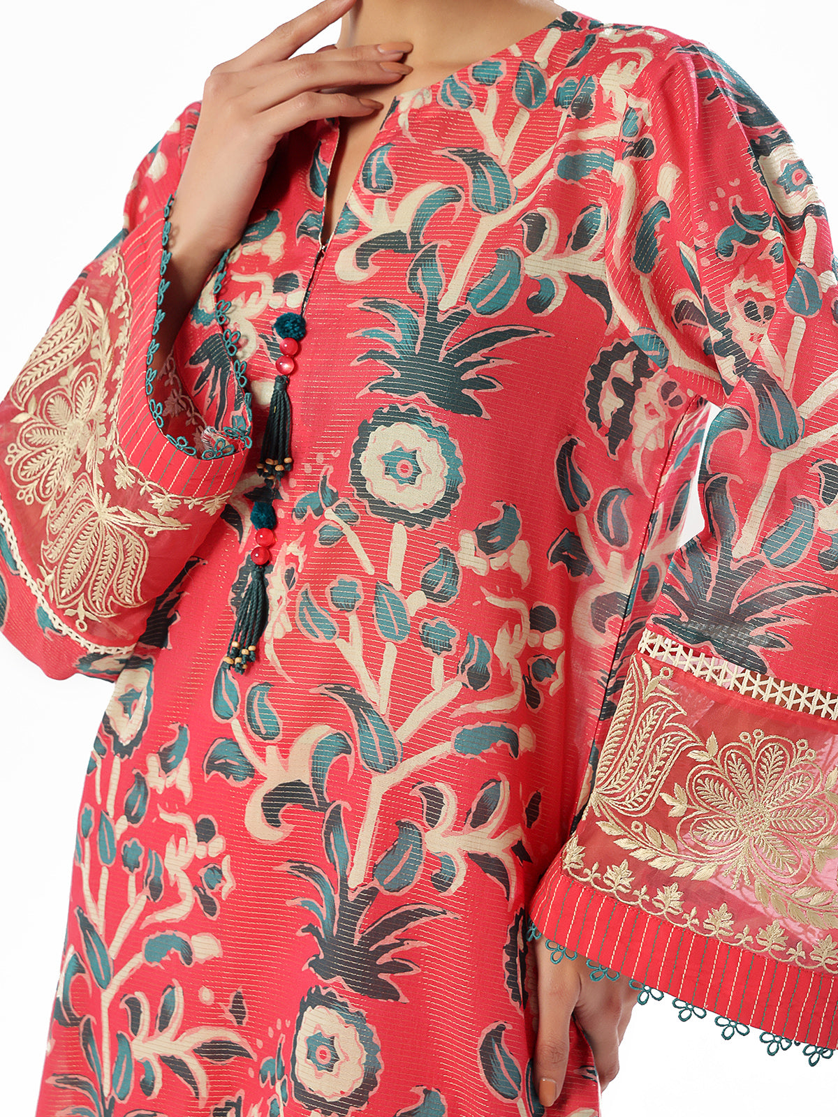 2PC Embroidered Unstitched Shirt Trouser Masoori Lawn Pink & Red - OLE2PT-6310-B