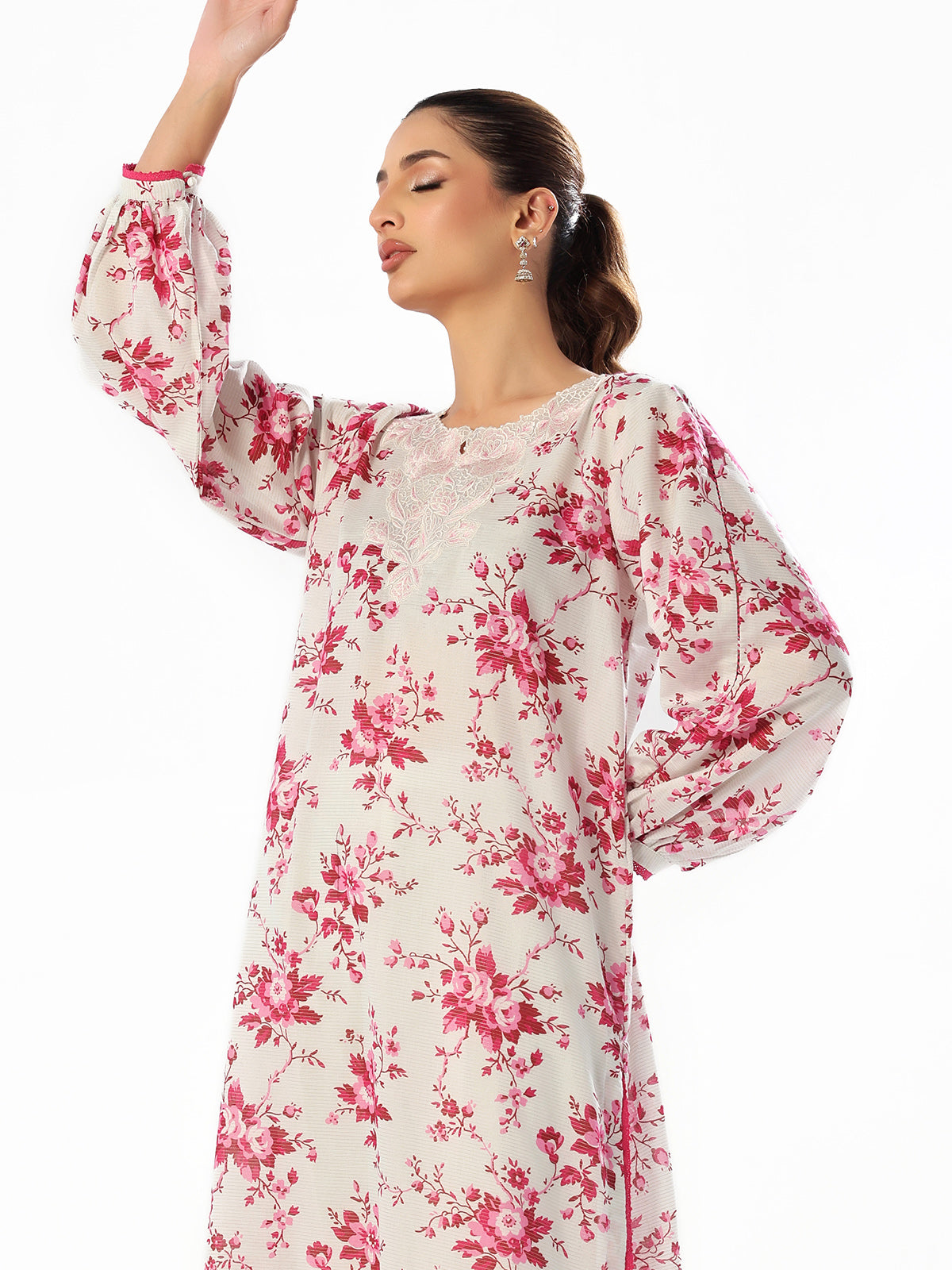 2PC Embroidered Unstitched Shirt Trouser Masoori Lawn White & Pink - OLE2PT-6340-A