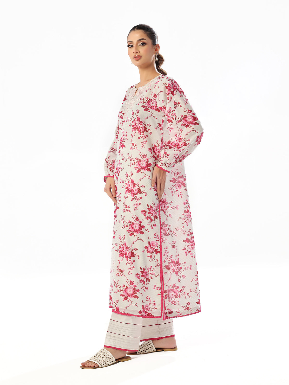 2PC Embroidered Unstitched Shirt Trouser Masoori Lawn White & Pink - OLE2PT-6340-A