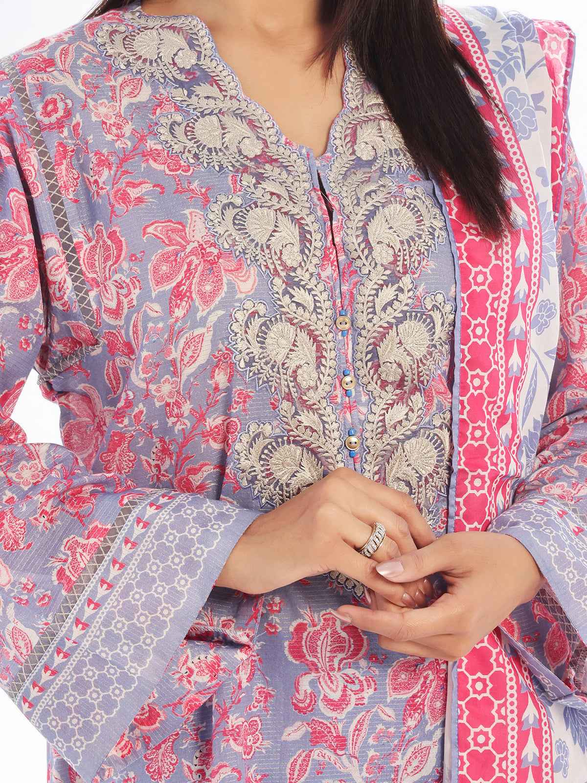 3Pc Embroidered Pret & Unstitched Suit Masoori Lawn Grey