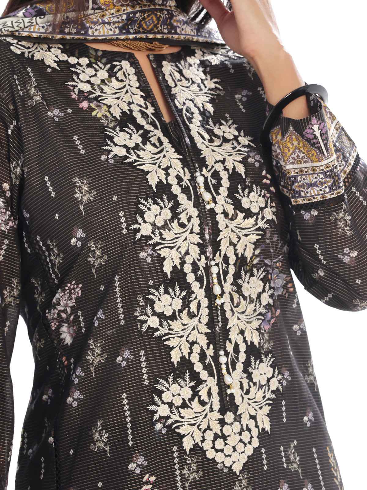 2Pc Embroidered Pret Shirt Dupatta Masoori Lawn Black - OWE2P-2412038-1