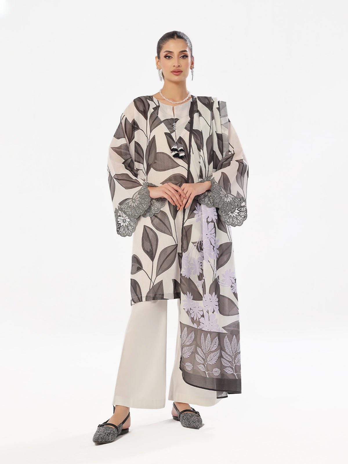 3Pc Embroidered Pret Suit Masoori Lawn Black & Grey - OWE3P-2412048