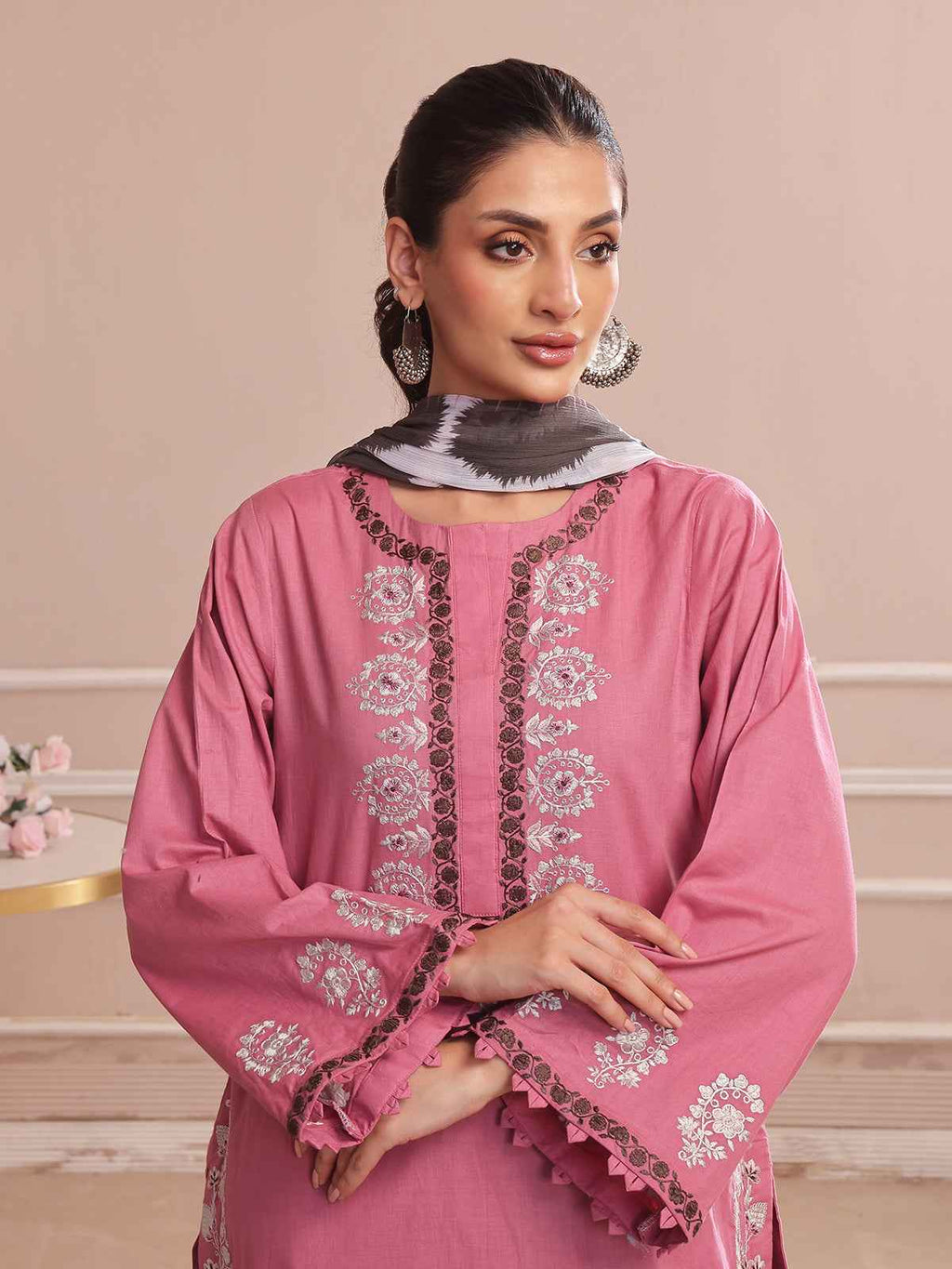 2PCs Embroidered Pret Shirt Dupatta Dyed Slub Cambric Tea Pink - OWE2P-2503006