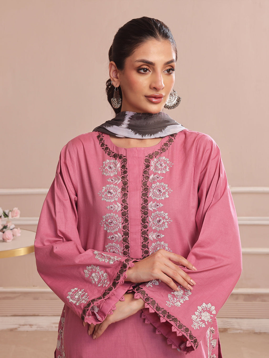 2PCs Embroidered Pret Shirt Dupatta Dyed Slub Cambric Tea Pink - OWE2P-2503006