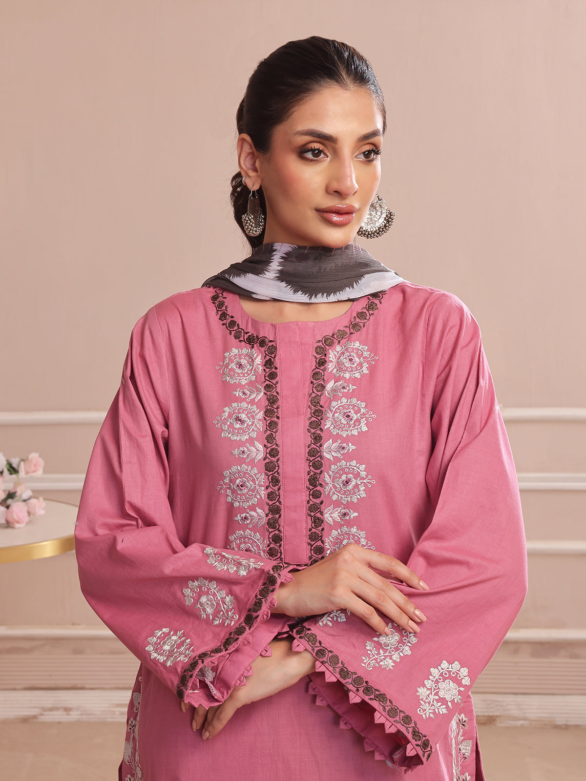 2PCs Embroidered Pret Shirt Dupatta Dyed Slub Cambric Tea Pink - OWE2P-2503006