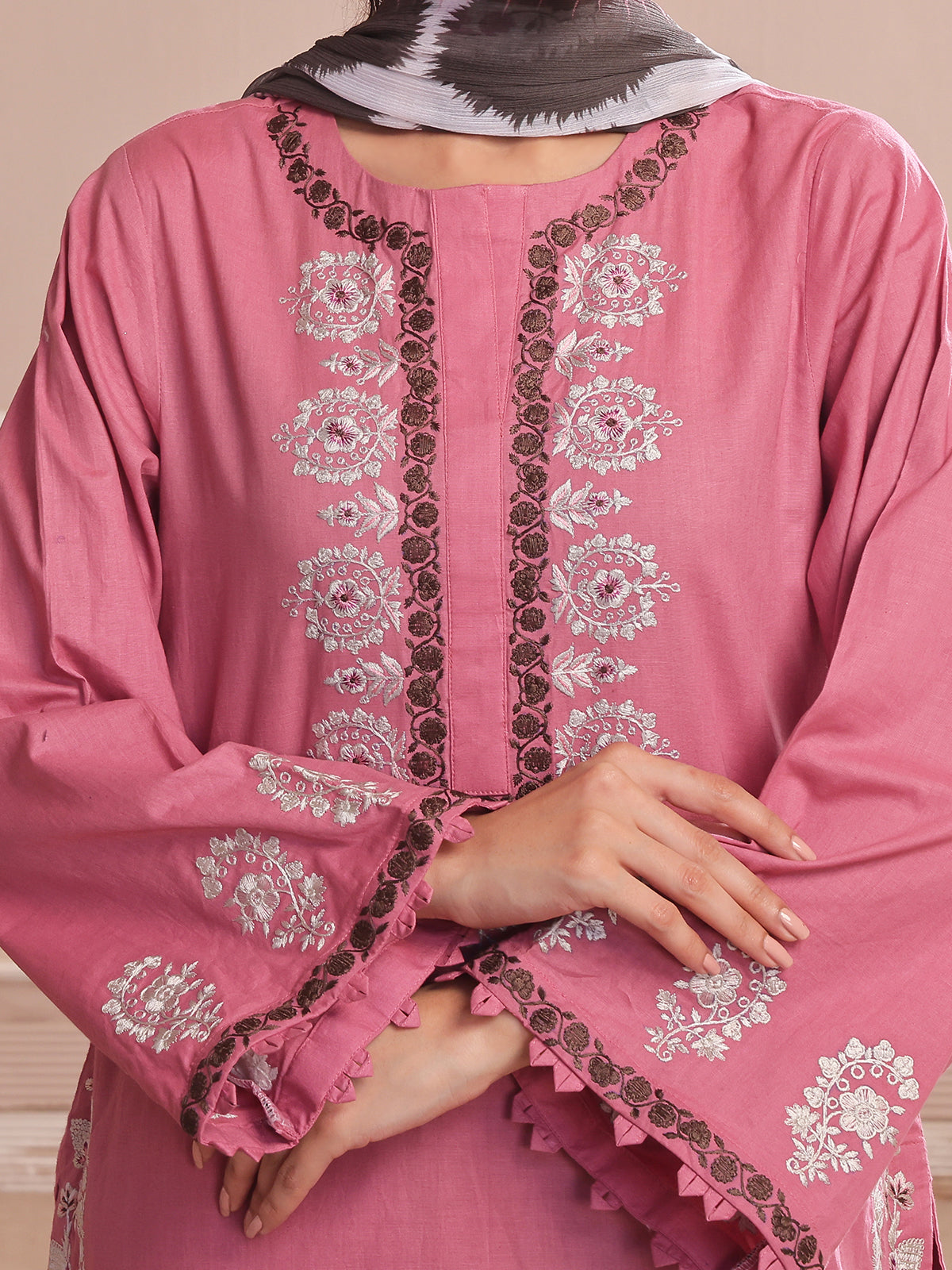 2PCs Embroidered Pret Shirt Dupatta Dyed Slub Cambric Tea Pink - OWE2P-2503006