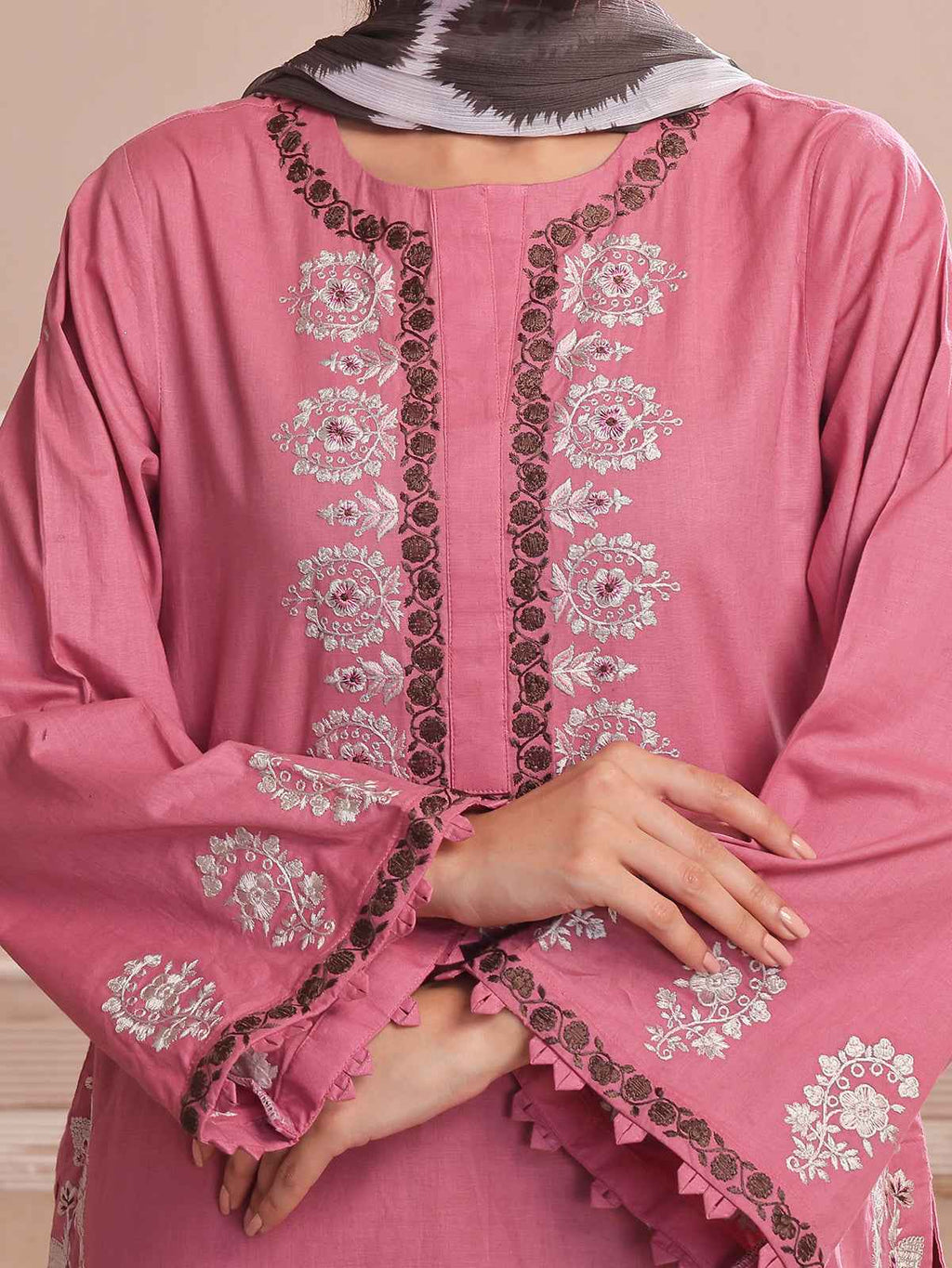 2PCs Embroidered Pret Shirt Dupatta Dyed Slub Cambric Tea Pink - OWE2P-2503006