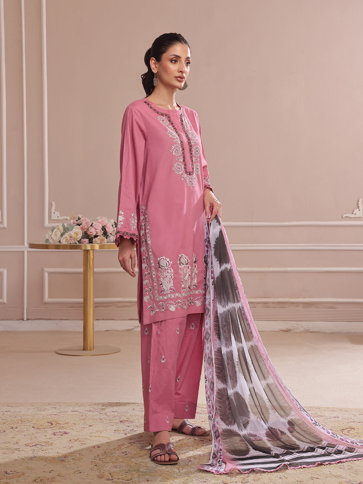 2PCs Embroidered Pret Shirt Dupatta Dyed Slub Cambric Tea Pink - OWE2P-2503006