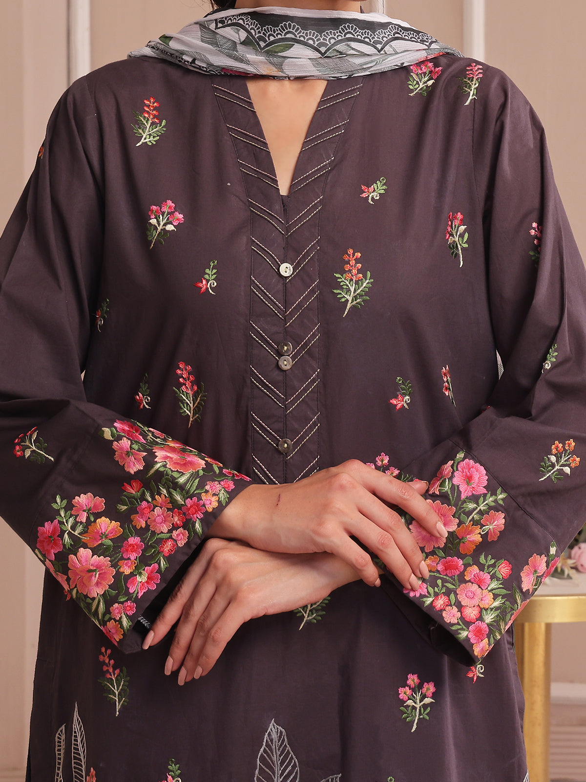 3PCs Embroidered Pret Suit Dyed Cambric Black - OWE3P-2503008