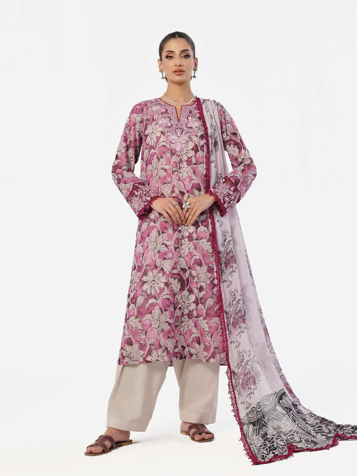 2Pc Embroidered Pret Shirt & Shalwar Masoori Lawn Magenta - OWE2P-2412023