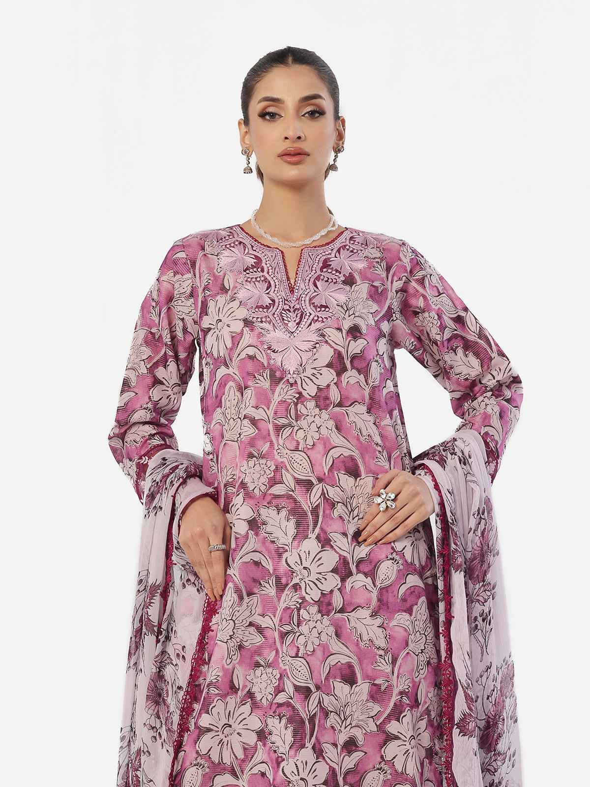 2Pc Embroidered Pret Shirt & Shalwar Masoori Lawn Magenta - OWE2P-2412023