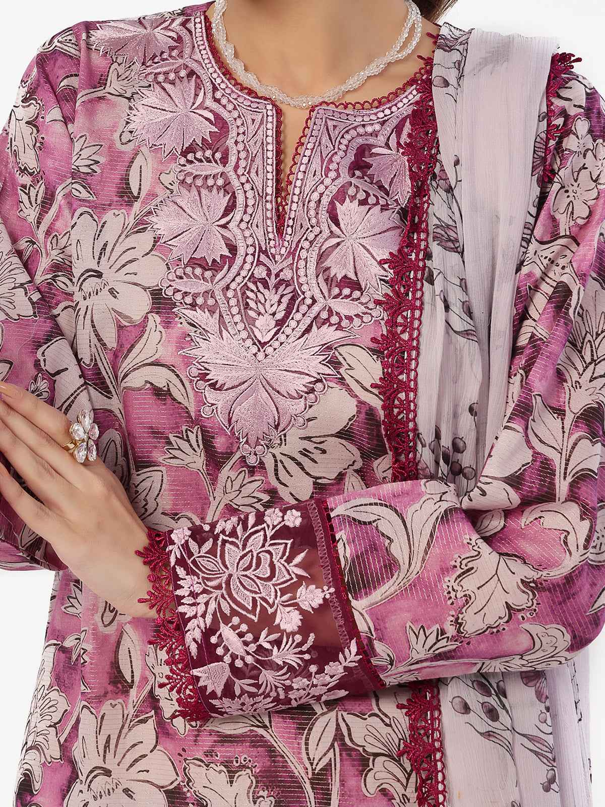 2Pc Embroidered Pret Shirt & Shalwar Masoori Lawn Magenta - OWE2P-2412023