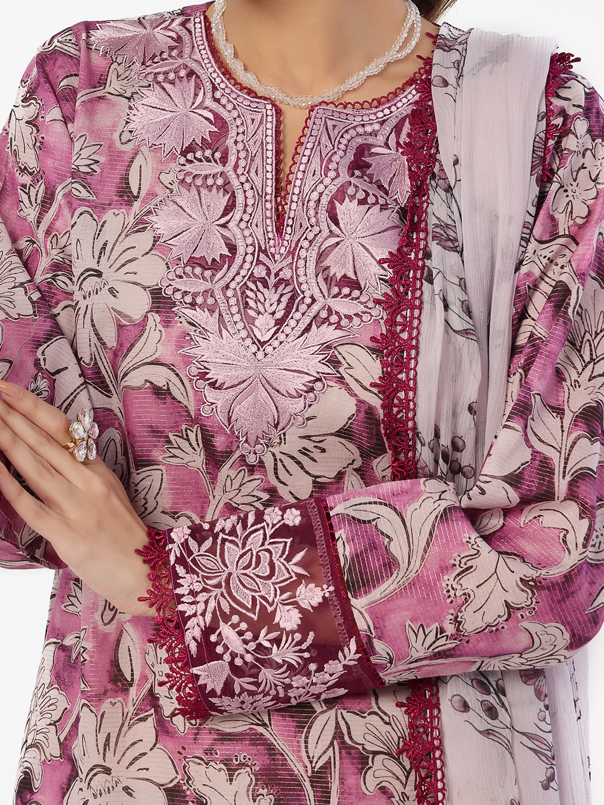 2Pc Embroidered Pret Shirt & Shalwar Masoori Lawn Magenta - OWE2P-2412023