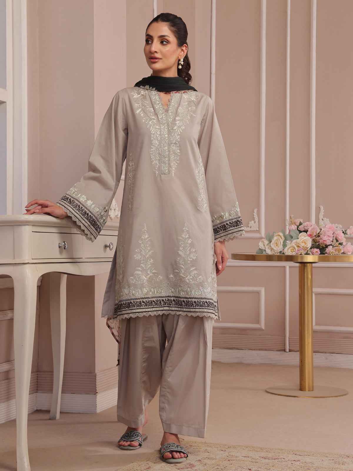 3PCs Embroidered Pret & Unstitched Suit Dyed Cambric Beige