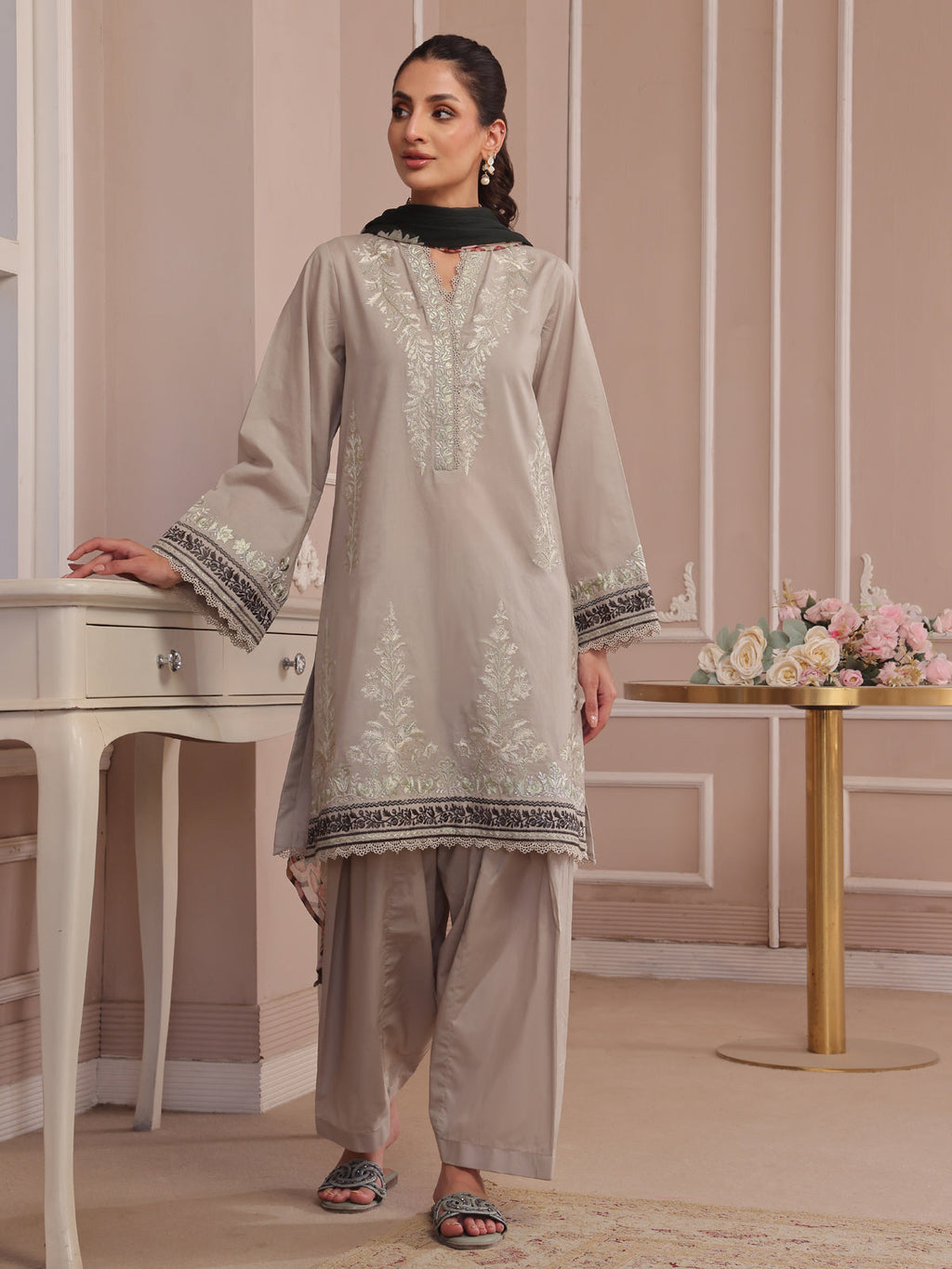 3PCs Embroidered Pret Suit Dyed Cambric Beige - OWE3P-2503007
