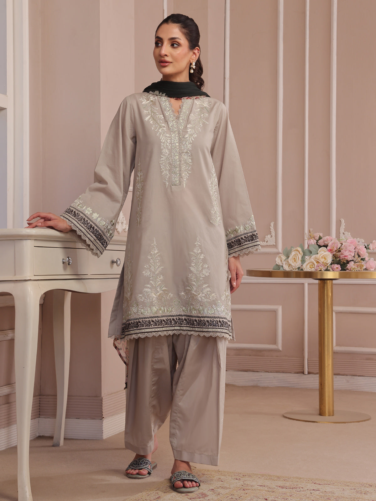 3PCs Embroidered Pret Suit Dyed Cambric Beige - OWE3P-2503007