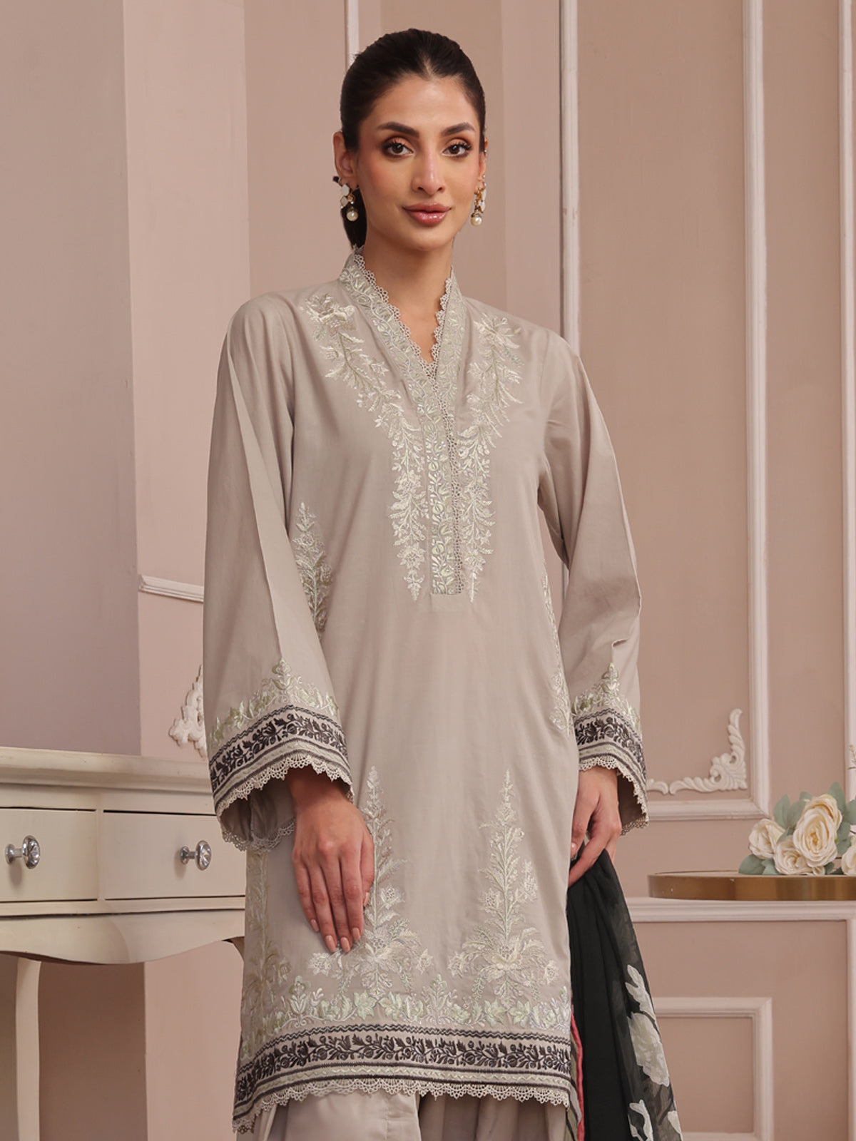 3PCs Embroidered Pret & Unstitched Suit Dyed Cambric Beige