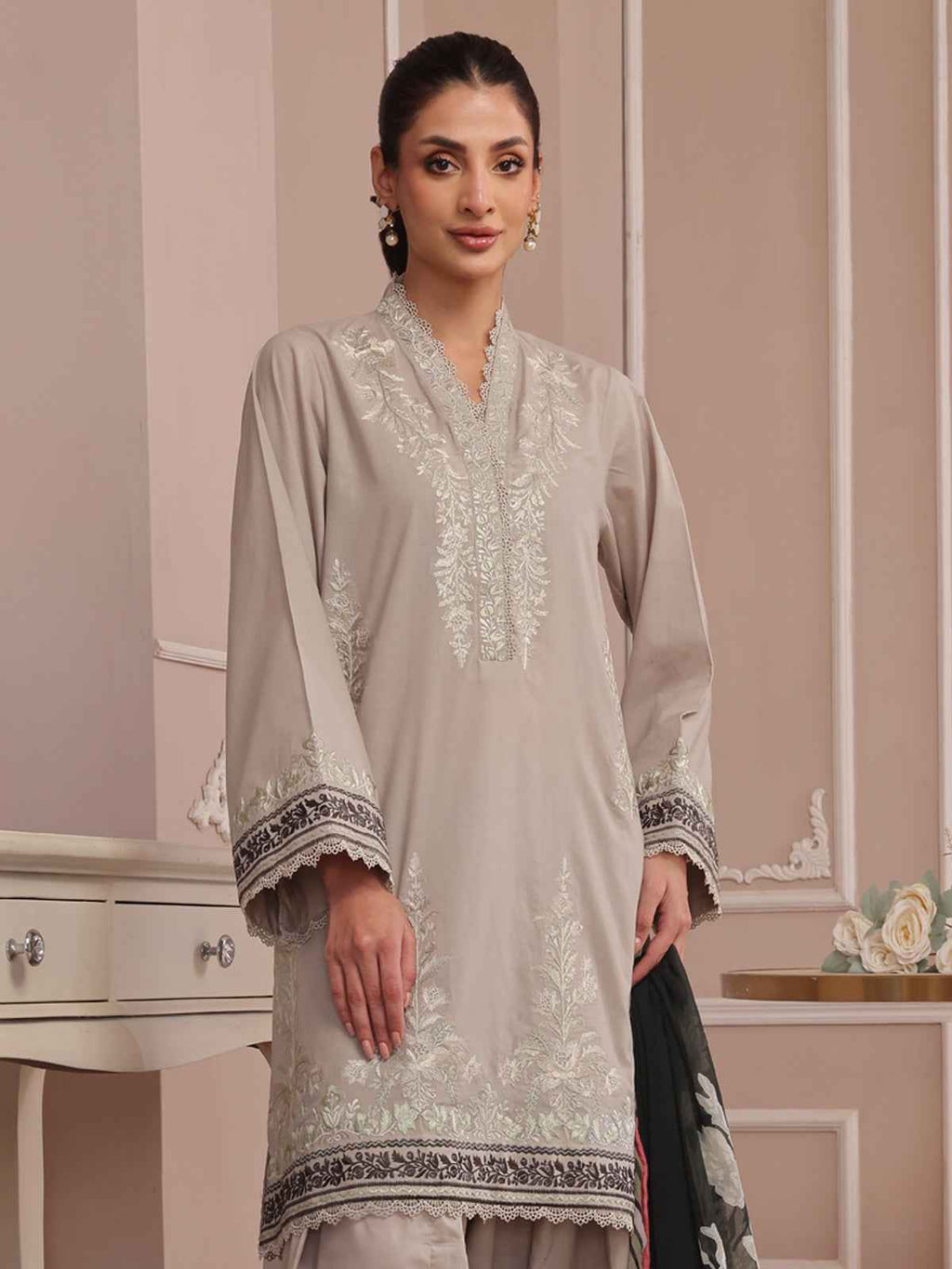 3PCs Embroidered Pret & Unstitched Suit Dyed Cambric Beige