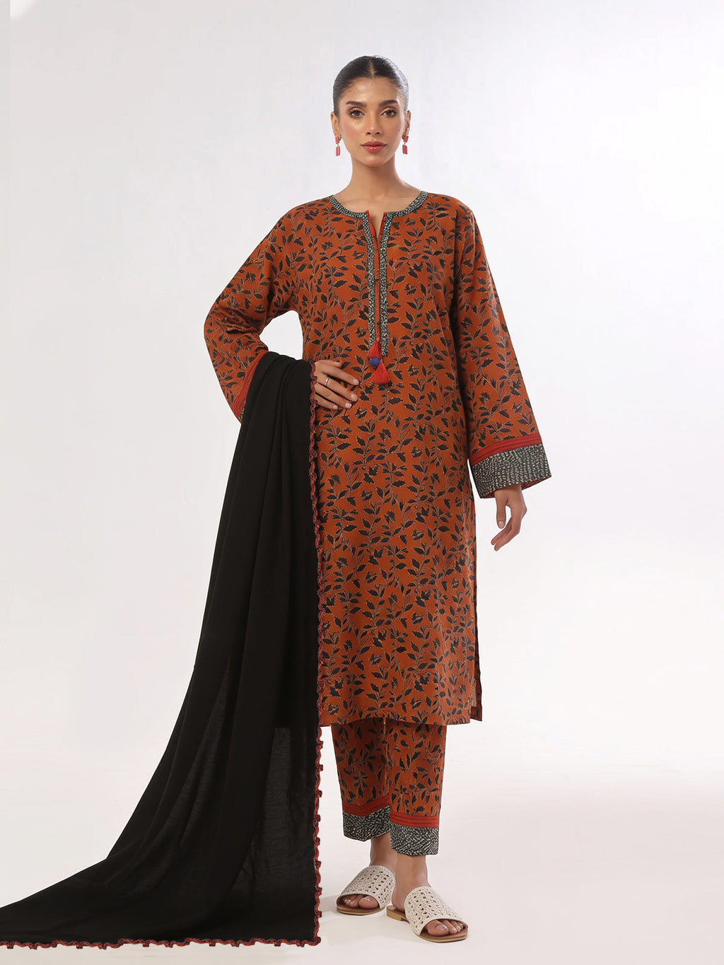 3Pc Printed Unstitched Suit Lawn Rust Black - OL3P-6441-A