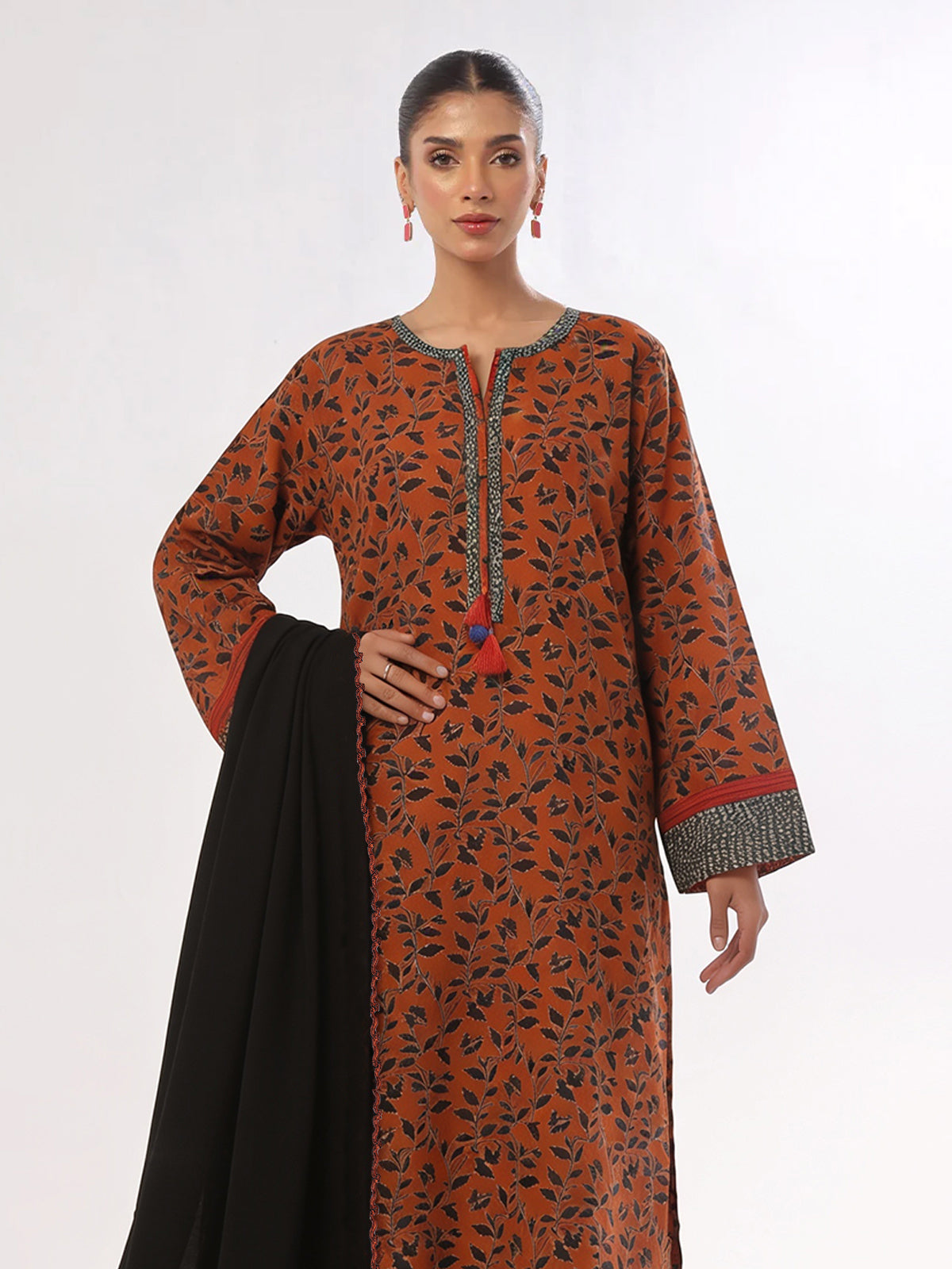 3Pc Printed Unstitched Suit Lawn Rust Black - OL3P-6441-A