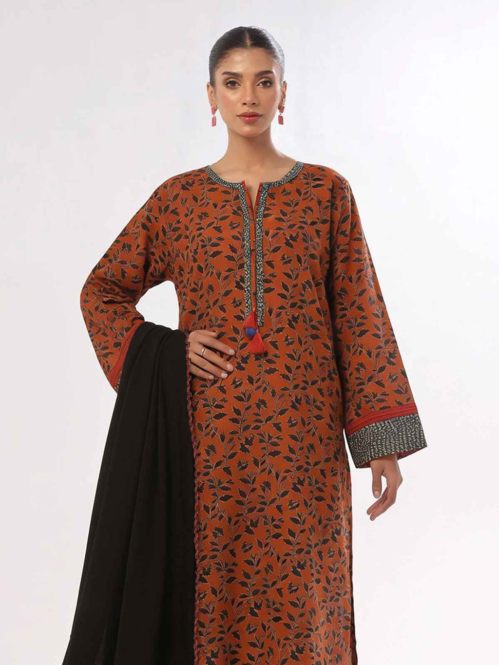 3Pc Printed Unstitched Suit Lawn Rust Black - OL3P-6441-A