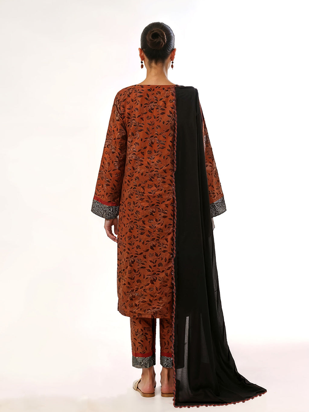 3Pc Printed Unstitched Suit Lawn Rust Black - OL3P-6441-A