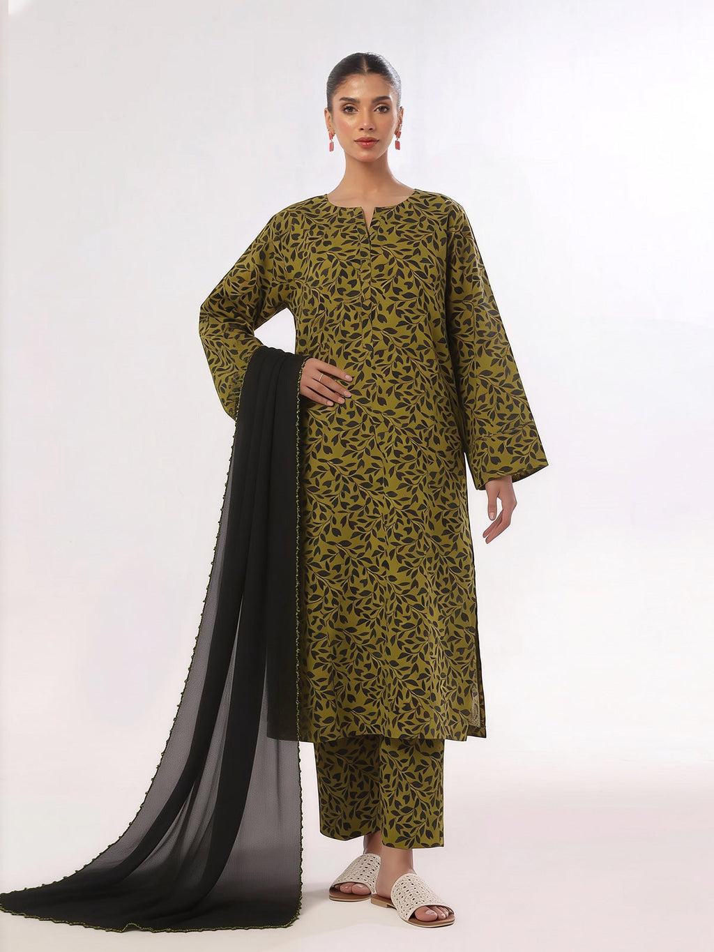 3Pc Printed Unstitched Suit Lawn Mehandi - OL3P-6444-A