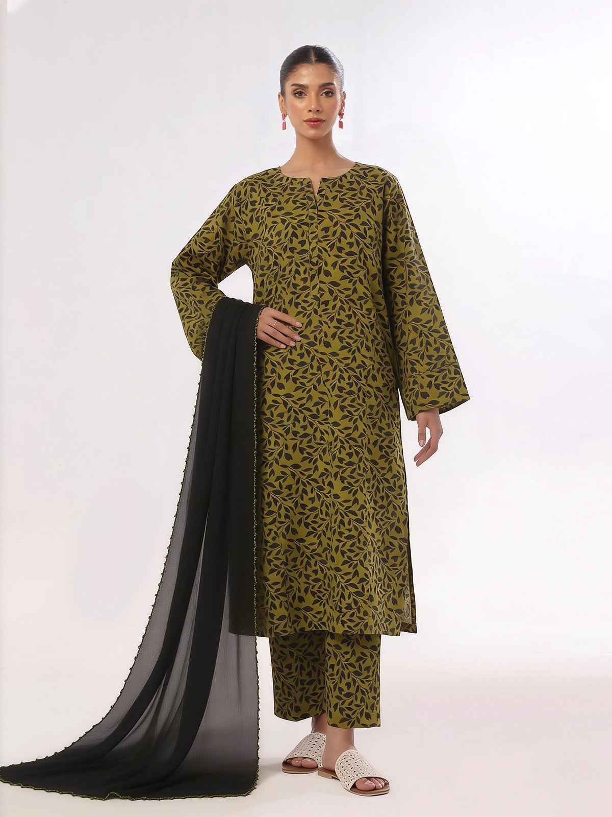 3Pc Printed Unstitched Suit Lawn Mehandi - OL3P-6444-A