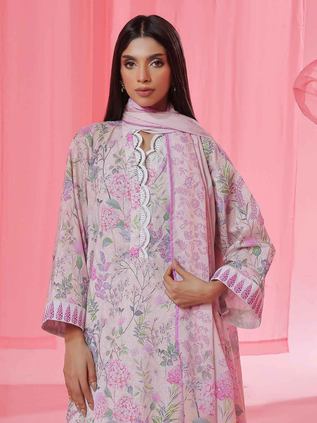 3PCs Printed Pret & Unstitched Suit Lawn Peach